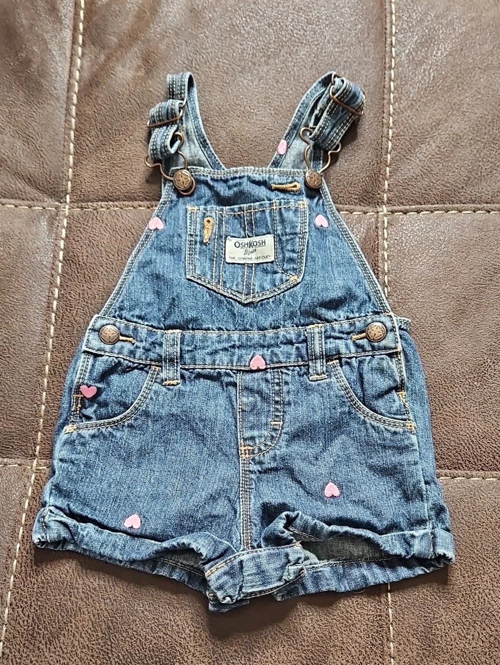 OshKosh B'gosh Blue Denim Shortall with Pink Hearts 12 Months